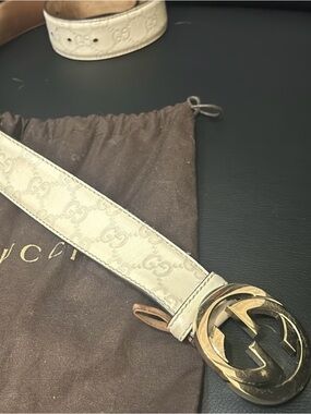 Authentic Gucci Cream GG Monogram Leather Belt with Gold Double G Buckle